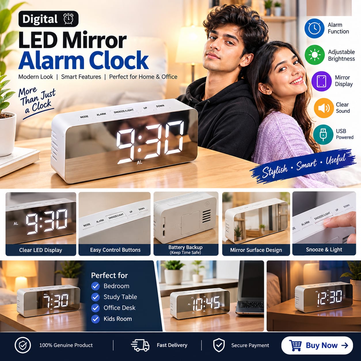 led mirror   alarm clock  digital