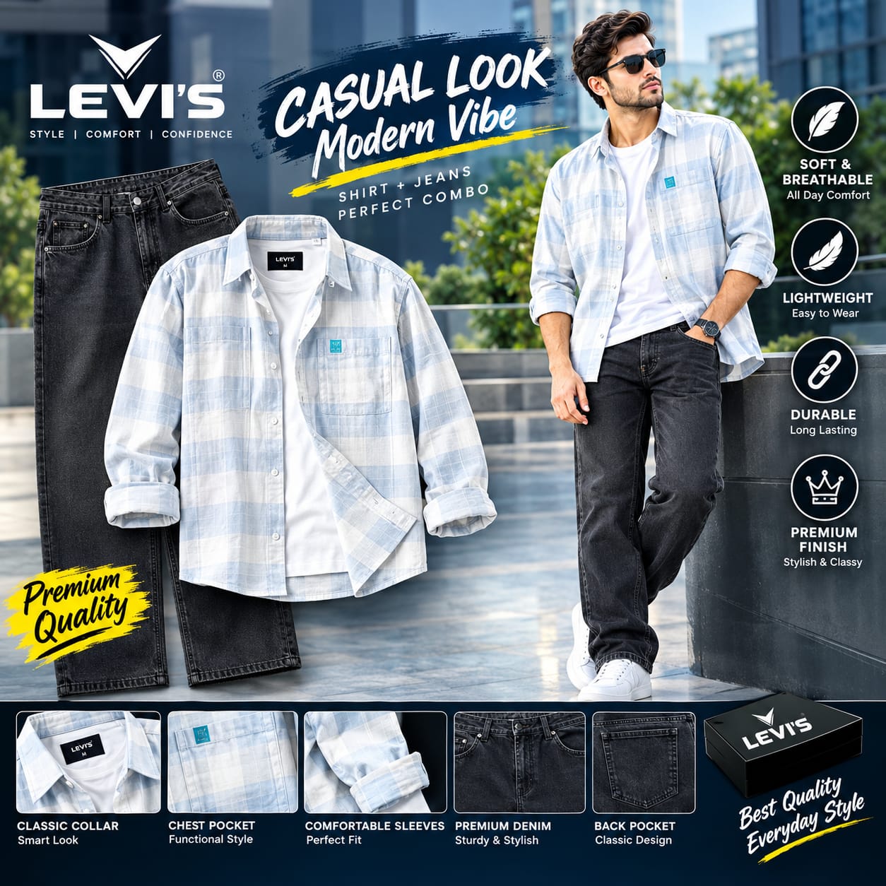 levis casual look moden vibe  combo shirt jeans
