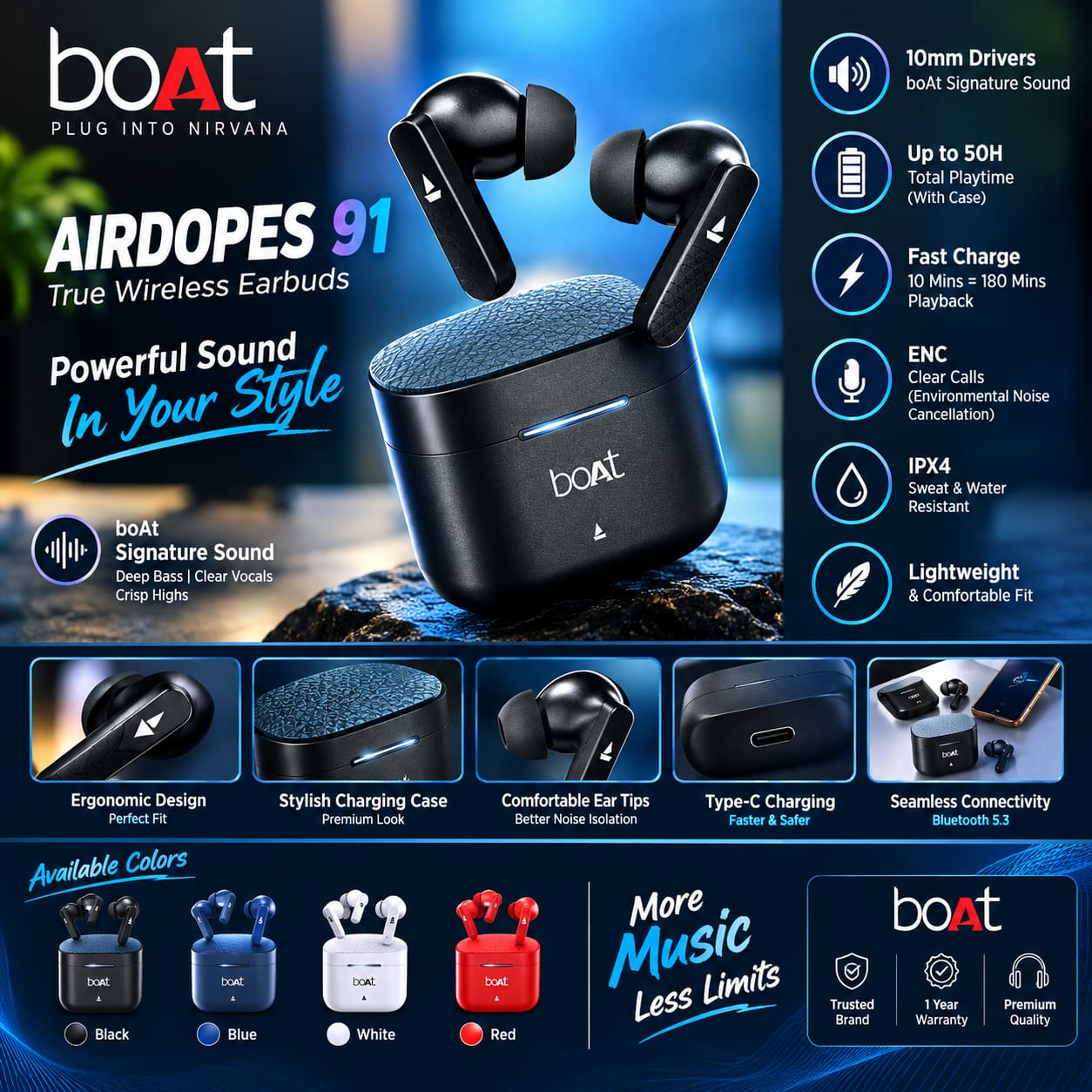 boat airdopes 91 ture wireless earbuds