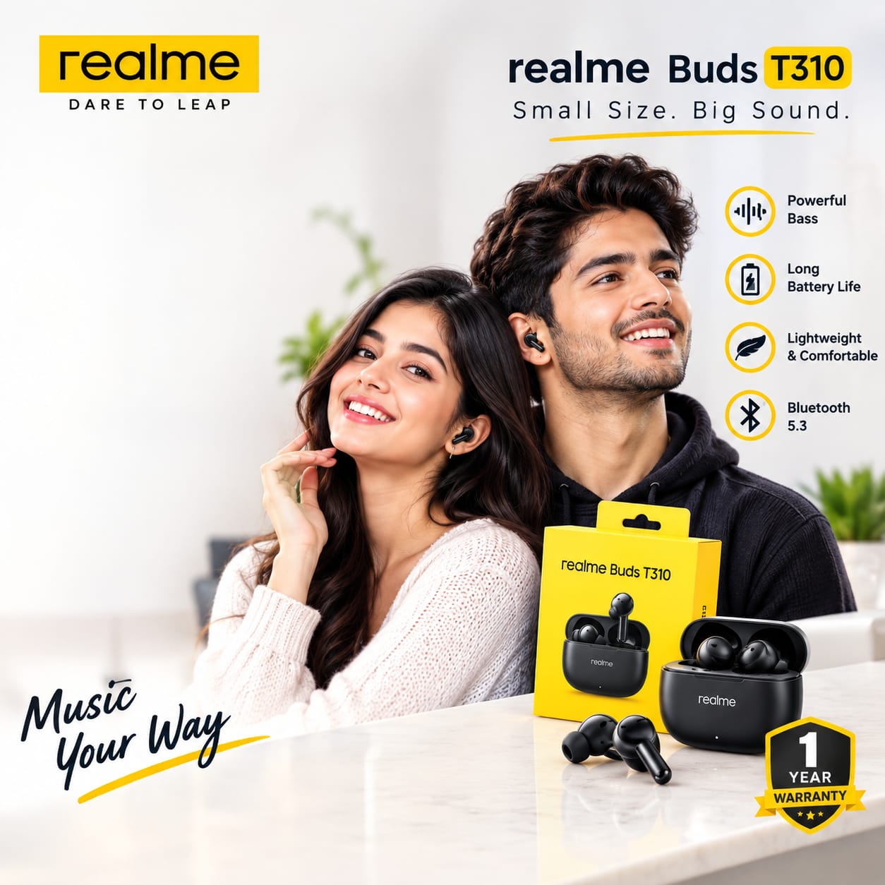 realme buds t310 big sound 1 year warranty